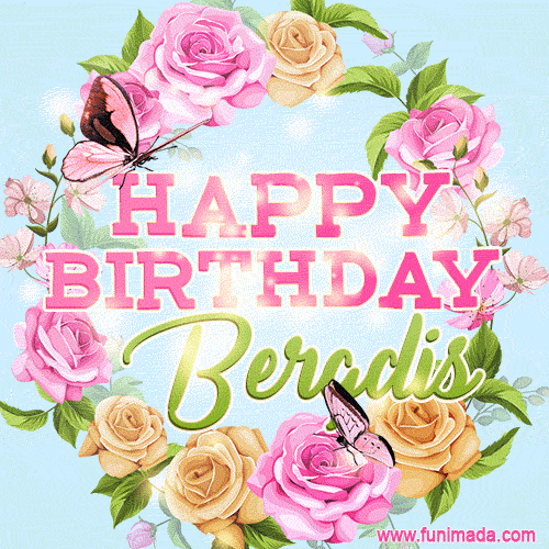 Beautiful Birthday Flowers Card for Bergdis with Glitter Animated Butterflies