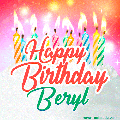 Happy Birthday GIF for Beryl with Birthday Cake and Lit Candles