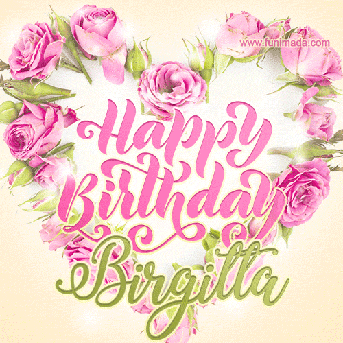 Pink rose heart shaped bouquet - Happy Birthday Card for Birgitta