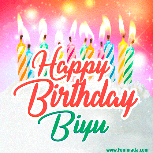 Happy Birthday GIF for Biyu with Birthday Cake and Lit Candles