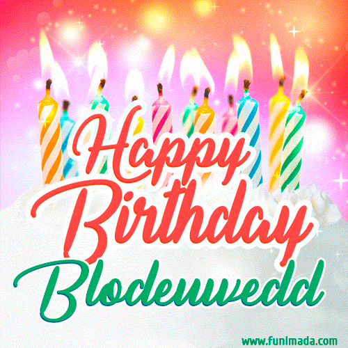 Happy Birthday GIF for Blodeuwedd with Birthday Cake and Lit Candles
