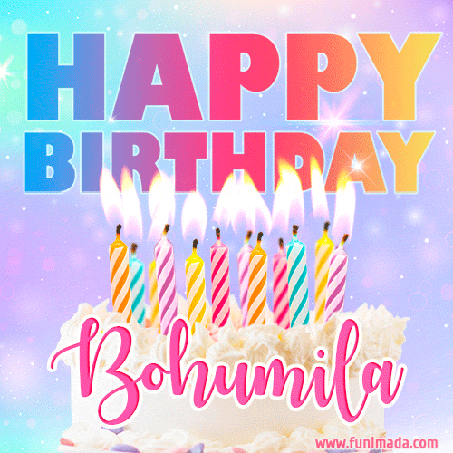 Animated Happy Birthday Cake with Name Bohumila and Burning Candles