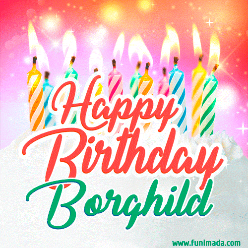 Happy Birthday GIF for Borghild with Birthday Cake and Lit Candles