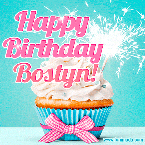 Happy Birthday Bostyn! Elegang Sparkling Cupcake GIF Image.