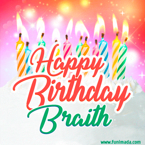 Happy Birthday GIF for Braith with Birthday Cake and Lit Candles