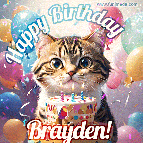 Happy birthday gif for Brayden with cat and cake