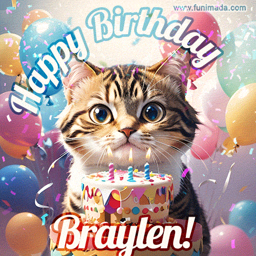 Happy birthday gif for Braylen with cat and cake