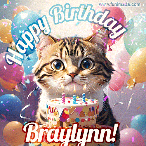 Happy birthday gif for Braylynn with cat and cake