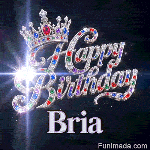 Festive queen crown GIF with the name Bria, decorated with colorful gems, diamonds, and a sparkly lens flare.