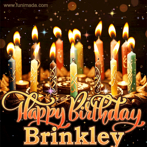 A glowing personalized birthday GIF with name Brinkley featuring lit candles with intricate designs, warm lighting, and the text 'Happy Birthday' in an elegant font.