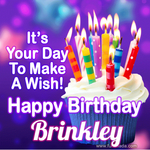 A colorful birthday GIF for Brinkley featuring a cupcake with vibrant lit candles and the text 'It's Your Day to Make a Wish! Happy Birthday Brinkley' in bold letters on a festive purple background.