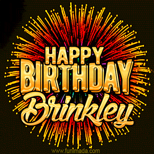 Golden 'Happy Birthday Brinkley' text accompanied by animated rainbow fireworks for a festive animated greeting.