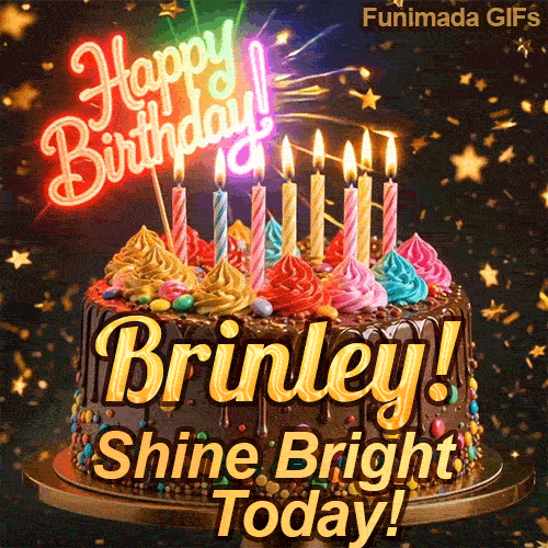 An animated birthday card featuring a detailed chocolate cake under falling gold dust, personalized for Brinley.