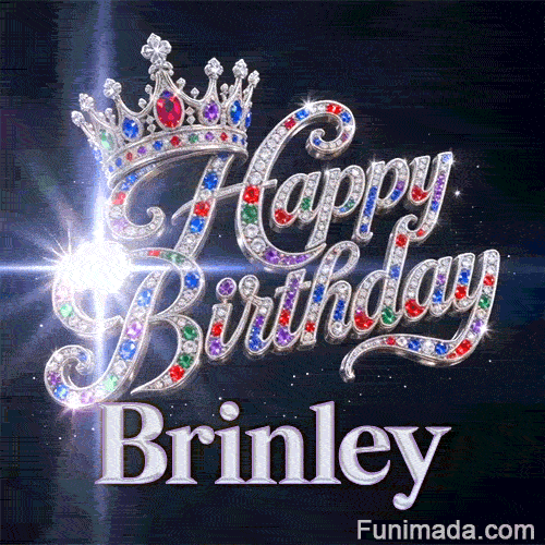 A luxury silver queen crown with colorful gems sitting on top of shiny diamond-encrusted cursive letters spelling Happy Birthday.Brinley