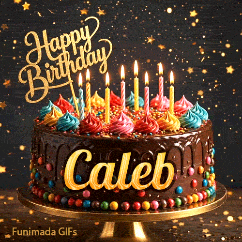 Close-up of a chocolate birthday cake with multi-colored frosting swirls, lit candles, and a glittering gold Happy Birthday sign. Caleb