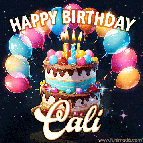 Hand-drawn happy birthday cake adorned with an arch of colorful balloons - name GIF for Cali