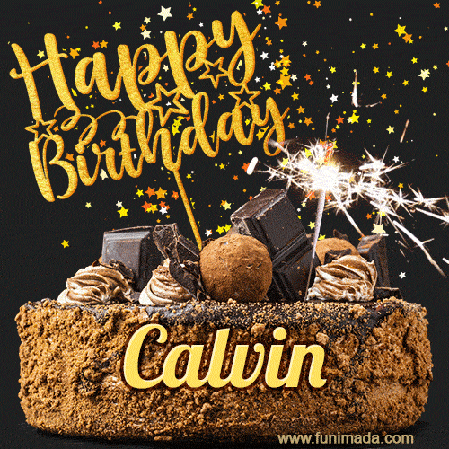 Celebrate Calvin's birthday with a GIF featuring chocolate cake, a lit sparkler, and golden stars