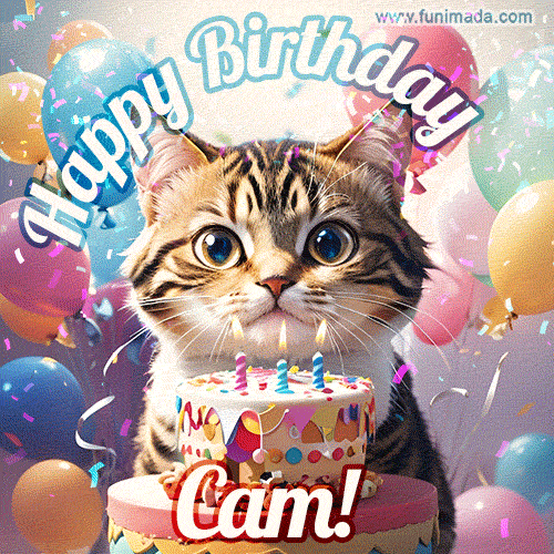 Happy birthday gif for Cam with cat and cake