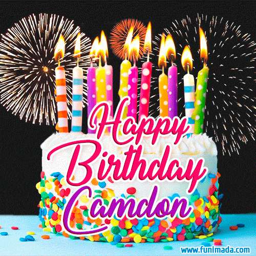 Amazing Animated GIF Image for Camdon with Birthday Cake and Fireworks