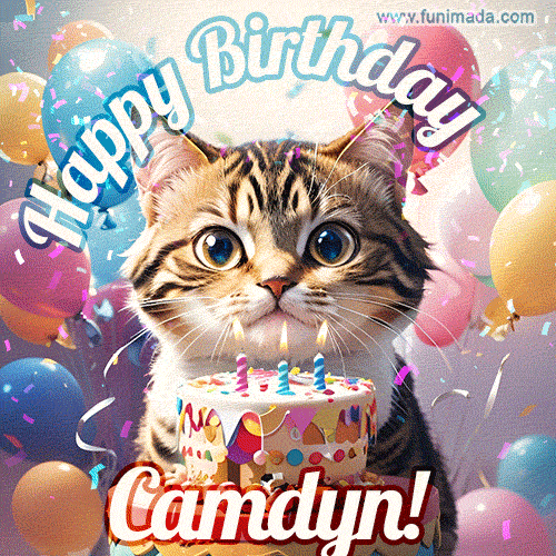 Happy birthday gif for Camdyn with cat and cake