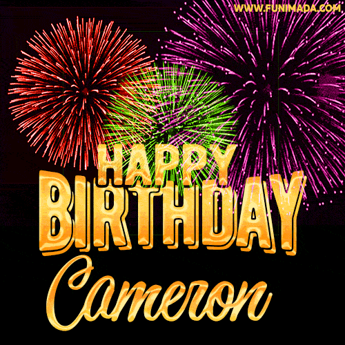 Wishing You A Happy Birthday, Cameron! Best fireworks GIF animated greeting card.