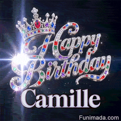 Metallic white nameplate spelling Camille under a luxury silver headpiece decorated with shiny party crystals.
