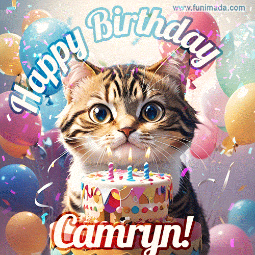 Happy birthday gif for Camryn with cat and cake