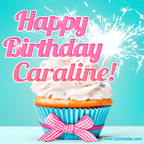 Happy Birthday Caraline! Elegang Sparkling Cupcake GIF Image.
