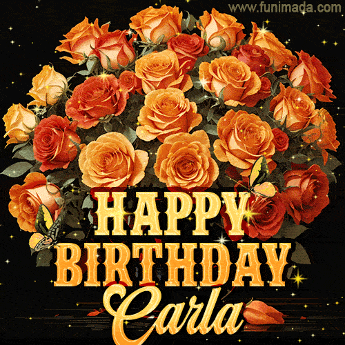 Beautiful bouquet of orange and red roses for Carla, golden inscription and twinkling stars