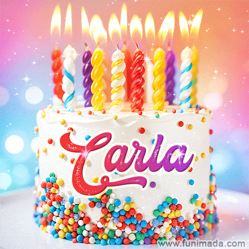 Personalized for Carla elegant birthday cake adorned with rainbow sprinkles, colorful candles and glitter