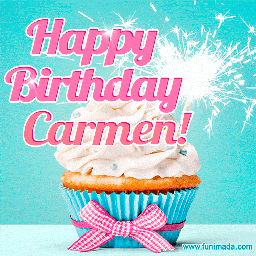 Happy Birthday Carmen! Elegang Sparkling Cupcake GIF Image.