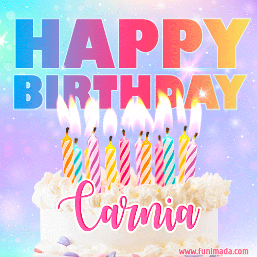 A vibrant animated name GIF with the words 'Happy Birthday Carnia' with colorful candles on a creamy cake. The background sparkles with pastel shades, adding a festive touch.