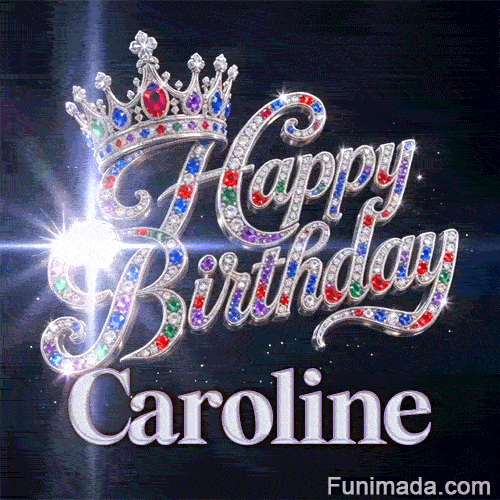 White lens flare effect glowing from crystal-encrusted cursive letters spelling Happy Birthday on a dark starry background.Caroline