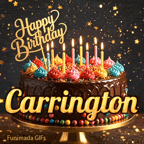 Flickering candles on top of a decorated chocolate cake with multicolored frosting swirls for Carrington's birthday celebration.