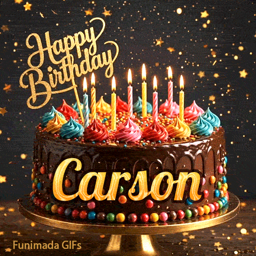 Burning birthday candles on top of a chocolate drip cake decorated with colorful icing dollops and sprinkles for Carson.