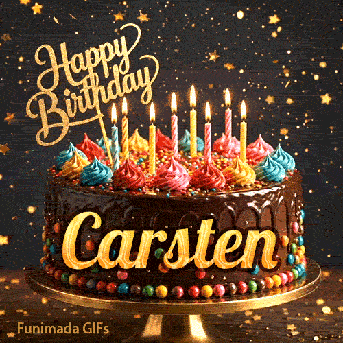 Rich chocolate cake decorated with sprinkles, colorful icing, lit candles, and the name Carsten in bold golden script.