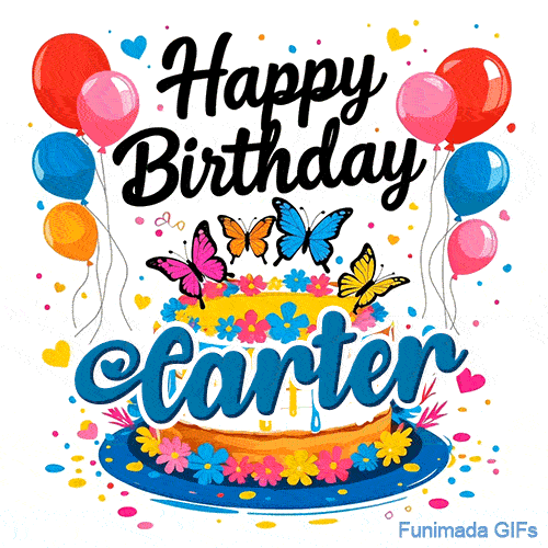 Detailed pink, orange, blue, and yellow butterflies resting on top of a flower-decorated birthday cake for Carter.