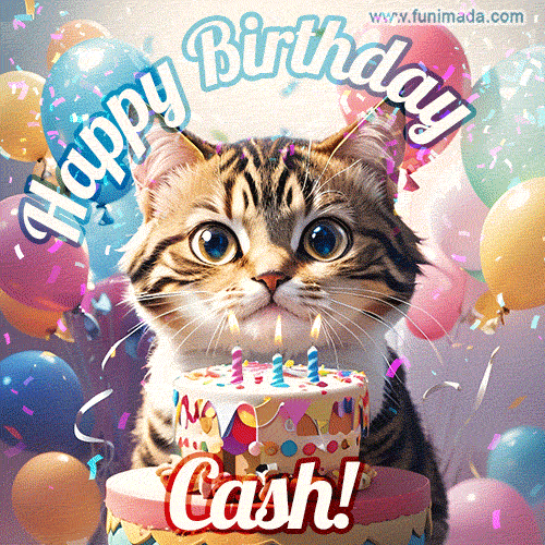 Happy birthday gif for Cash with cat and cake