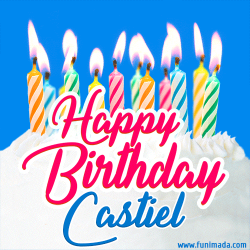 Happy Birthday GIF for Castiel with Birthday Cake and Lit Candles