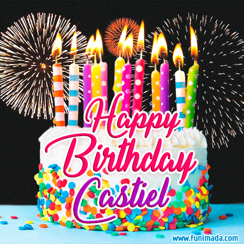 Amazing Animated GIF Image for Castiel with Birthday Cake and Fireworks