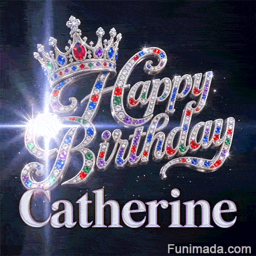 Close-up of a silver crown with emeralds, rubies, and sapphires resting on crystal-encrusted Happy Birthday text.Catherine