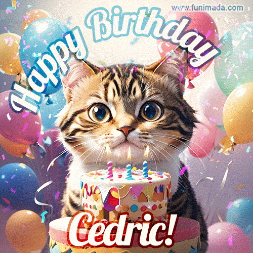Happy birthday gif for Cedric with cat and cake