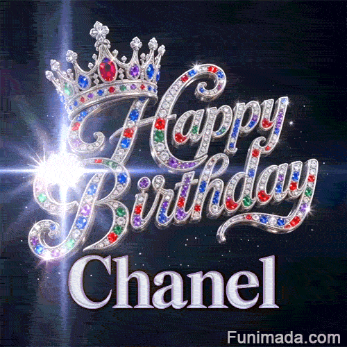 Custom birthday GIF for Chanel showing glittering diamond-encrusted letters and a royal crown on a dark starry background.