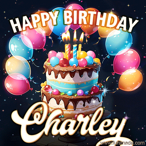 Hand-drawn happy birthday cake adorned with an arch of colorful balloons - name GIF for Charley