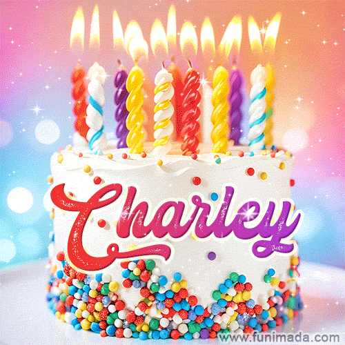 Personalized for Charley elegant birthday cake adorned with rainbow sprinkles, colorful candles and glitter