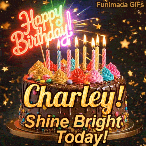 Yellow script spelling the name Charley! on a classic chocolate cake under warm glowing candles and falling gold stars.