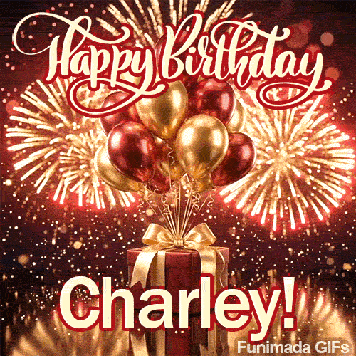 Bold white script spelling the name Charley on a red and gold gift card under exploding golden fireworks.