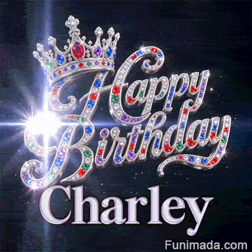A brilliant white lens flare bursting from a diamond-encrusted Happy Birthday message with Charley's name at the bottom.