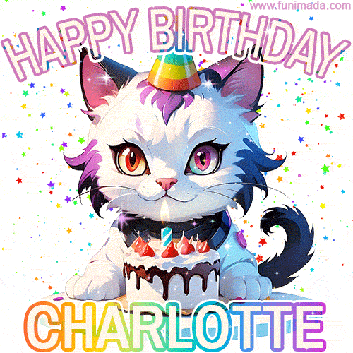 Cute cosmic cat with a birthday cake for Charlotte surrounded by a shimmering array of rainbow stars