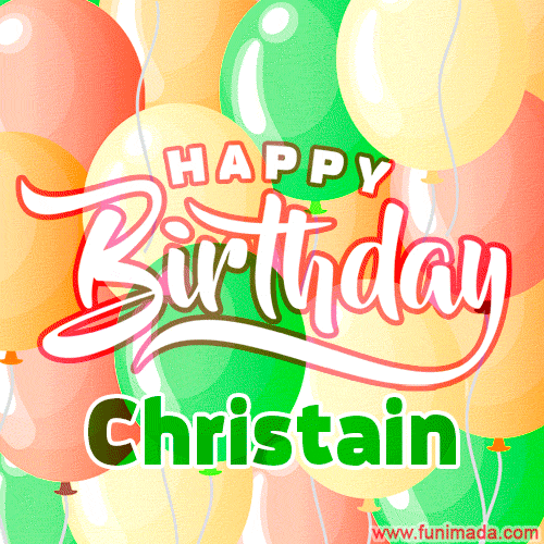 Happy Birthday Image for Christain. Colorful Birthday Balloons GIF Animation.